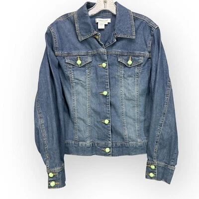 Mujer Talla L Coldwater Creek Denim Elástico Jean Chaqueta Blazer Jade Gema Botón Foto 1 de 4