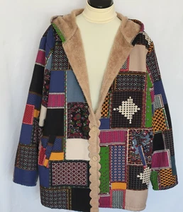 Womens Winter Jacket Size 2X Fleece Hooded Coat Boho Patchwork Button Multicolor - Picture 1 of 13