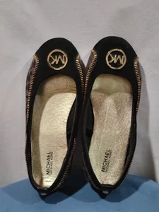 Michael Kors Girls Youth Size 2 Black Monogram MK Gold Zip Ballet Flats Shoes - Picture 1 of 5