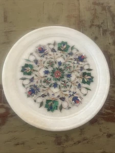 9” Decorative Dining Table Plate White Marble Multi Inlay Stone Decs - Picture 1 of 3