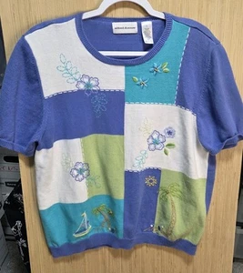 Alfred Dunner Sz L Ladies Short Sleeve Sweater Caribbean Cool Purple Floral Trop - Picture 1 of 4