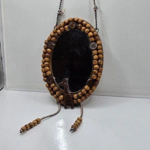 Vintage Wood Beads Tassels Wall Hanging Small 5"W 7"H Mirror Boho Bohemian 1970s - Picture 1 of 24