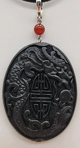 WELTWEITE IMPORTE geschnitzter schwarzer Harz/Sterlingsilber/Karneol/Drache Anhänger  - Bild 1 von 15