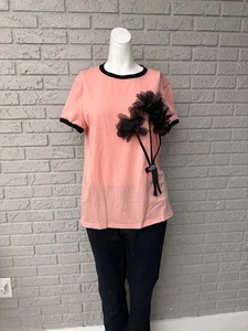 Women Pink Short Sleeve T-Shirt with 3D Flower Design Size L - Picture 1 of 7