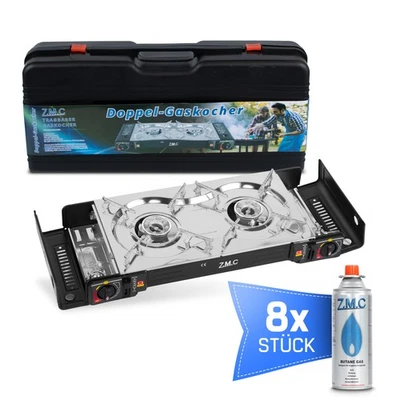 ZMC Doppel Kartuschenkocher 2 flammig Outdoor Campingkocher + 8x Gaskartuschen