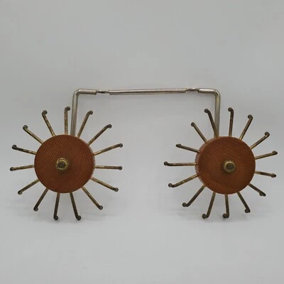 Vintage MCM Double Rotating Tie Belt Rack Organizer Wood Brass Wall Mount RARE - Image 1 of 4
