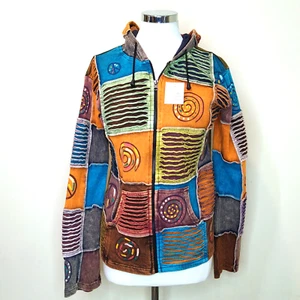 Hippy Boho Hoodie Patchwork Jacket Colourful Razorcut Tibetan Handmade New XL - Picture 1 of 10
