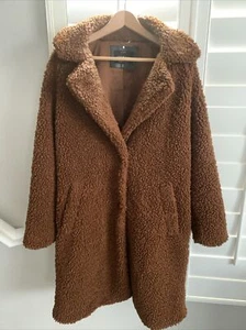 NICE Lucky Brand Faux Fur Teddy Bear Shearling Coat Women's Sz L Brown Cozy - Picture 1 of 10