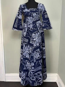 Vtg 70s Hostess Dress XS Blue Hawaii Maxi Bell Sleeve 60s Retro Hippie Tropical - Picture 1 of 10