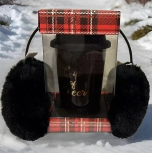 Womens Earmuffs and Ceramic Mug Holiday Gift Set Black Cup of Cheer Boxed - Picture 1 of 8