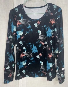 Terramar Cloud Nine 20 Floral Scoop Neck Long Sleeve Black Base Layer Women’s M - Picture 1 of 4