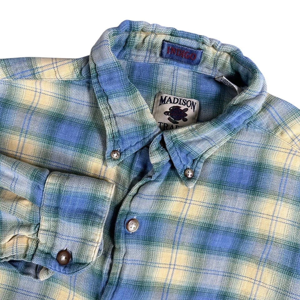 Madison Trader Plaid Flannel Shirt Men Medium Blue Yellow Button Down - Image 1 of 4