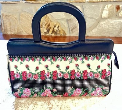 Bolso de Mano Isabella Fiore Colorido Floral con Cuentas Borde de Cuero Bolso Mediano.  Foto 1 de 4