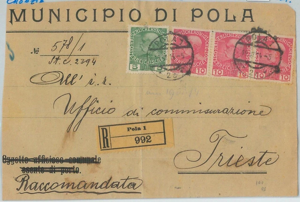 75079 - AUSTRIA Croatia - POSTAL HISTORY - REGISTERED COVER from POLA 1914 - Image 1 of 1