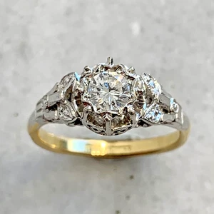 Anillo antiguo de diamantes de oro de 18 quilates de platino de 0,40 quilates y oro amarillo 750 - talla N 1/2 - Imagen 1 de 15