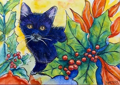 ACEO Original Painting OOAK - Boughs Of Holly - Cat - Bartshe - Image 1 of 2