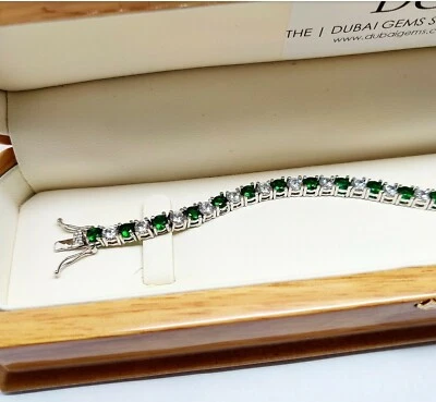 White gold finish green emerald and created diamonds tennis bracelet gift boxed - Image 1 of 4
