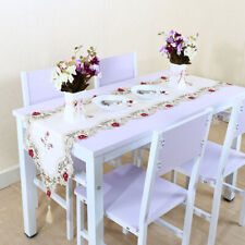 Vintage Flower Embroidery Table Runner Mat Tablecloth Tassel Red Rose 40x150cm