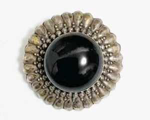 Vintage Chrysanthemum Sterling Silver Brooch with Black Onyx Stone - Picture 1 of 14