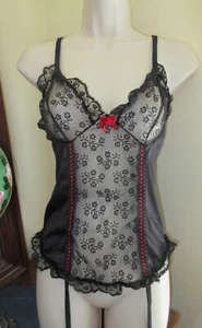 NAN FLOWER 1980er SCHWARZ MEGA Spitze 1 Stück Camisole STRUMPFBAND Dessous Teddy Gr. L USA - Bild 1 von 8