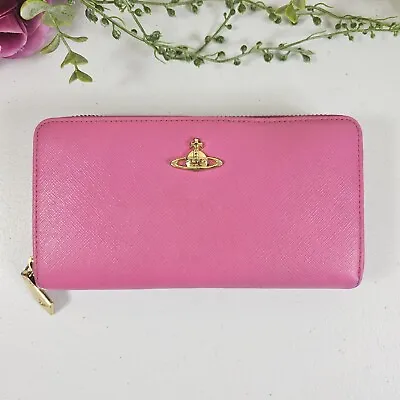 Authentic Vivienne Westwood Pink Long Purse Wallet Italy Leather Orb Zip Around • 85.95€
