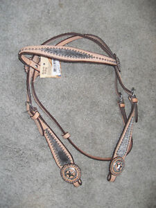 NEW WESTERN LEATHER HEADSTALL / BRIDLE HORSE SIZE LT OIL COLOR WITH HAIR, & DOTS