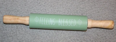 Rae Dunn Rolling Pin Sage Green  'Feeling Blessed' 15 inch - Image 1 of 3