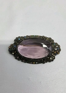 Vintage 30er Jahre große Topf Metall lila Glas Brosche   - Bild 1 von 13