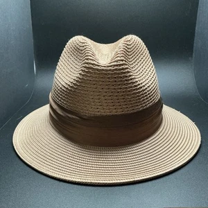 Stacy Adams Kingston Tan Polybraid Pinch-Front Wide Brim Fedora - Pre Owned - Picture 1 of 5