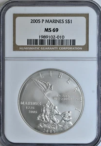 2005 P Marines Commemorative $1 Dollar MS69 NGC Silver Coin 010 - Picture 1 of 2