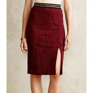 Anthropologie Maeve Quilted Skirt Slit Pull on Knee Length Red Maroon Small S - Picture 1 of 7