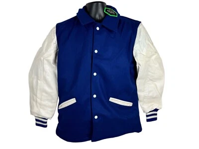 Vintage DeLong Letterman Jacket Size 38 Blue/White NWT 80s Wool Naugalite Sleeve - Image 1 of 4