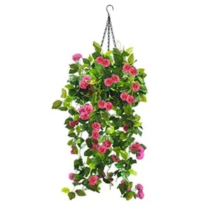 Artificial Hanging Basket with Flowers Rose, UV Resistant Fake Plastic Rose Red - Picture 1 of 7
