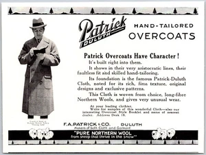 PRINT AD 1924 Patrick Duluth Hand-Tailored Overcoats Have Character 4 x 6 - Picture 1 of 3
