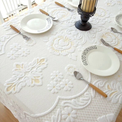 3D White Vintage Embroidered Floral Lace Tablecloth Dining Kitchen Table Cover - Image 1 of 4