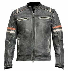 Chaqueta de cuero real para motociclista negra en dificultades para hombre Café Racer motocicleta retro 2 - Imagen 1 de 4