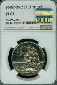 1968 NEW ZEALAND 50 CENTS NGC PL67 PQ MAC SOLO FINEST GRADE MAC SPOTLESS * - Picture 1 of 2