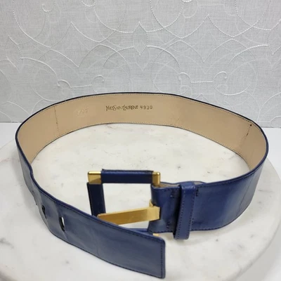 Cinturón ancho de cuero Yves Saint Laurent 4930 azul rectangular hebilla de latón Art Deco Foto 1 de 4