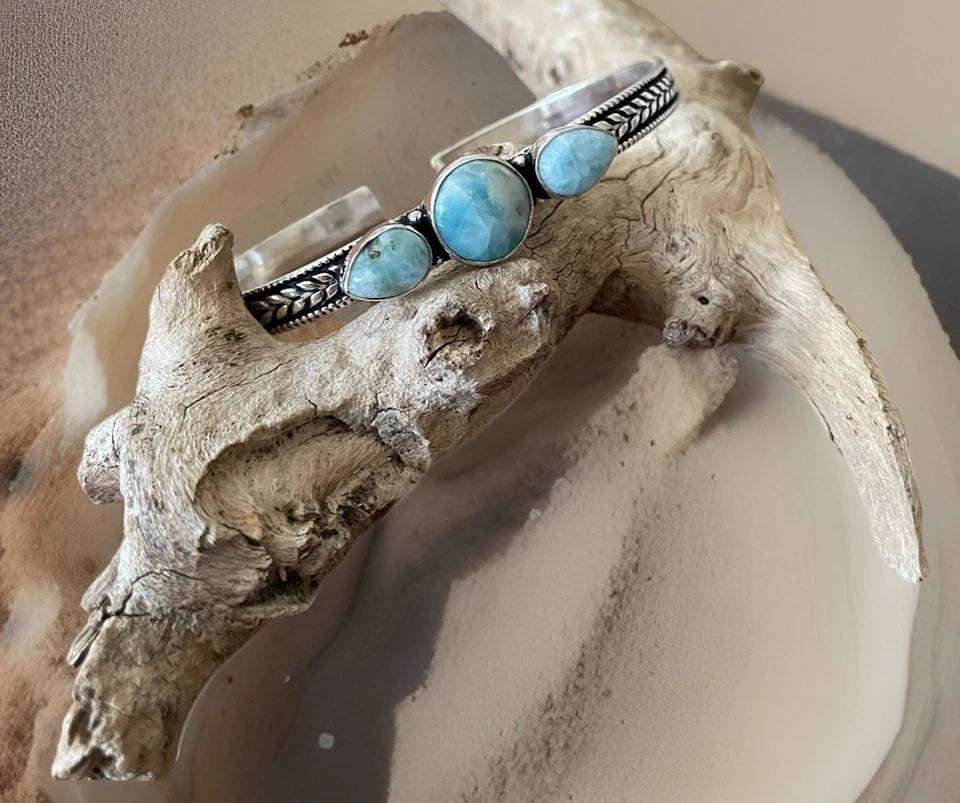 Pulsera/brazalete ajustable con piedras preciosas Larimar - Chapado en plata de ley 925-Nuevo Foto 1 de 4
