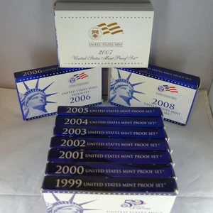 1999-2008 Proof Set lot!! 10 Sets of Proof Coins in Boxes and Coa's!!! See Pics! - Picture 1 of 3