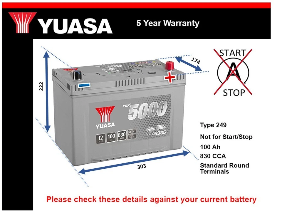 Battery fits KIA SORENTO 02 to 20 D4CB Yuasa 249 830A 100Ah 5Yr Warranty Quality - Image 1 of 4