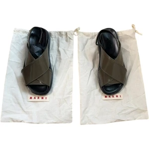 MARNI Women's Sandals Size 36 Olive Green Leather Upper Stylish Flat - Picture 1 of 12