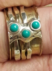 Southwestern Style Turquoise Mixed Metals Spinner Meditation Ring Size 7.5 - Picture 1 of 9
