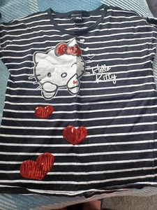 Hello Kitty Girls Black Striped Cotton T-Shirt Size 9-10 Years Round Neck - Picture 1 of 4