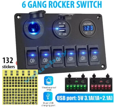 12V LED 6 Gang On/Off Rocker Switch Panel Car Truck Boat Marine Inline Fuse Box - Image 1 of 4