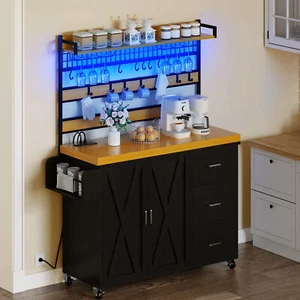 Large Rolling Kitchen Island Portable Storage Cabinet Baker Rack Cart w/Outlet - Picture 1 of 10