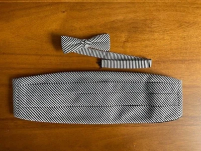 ЧЕРНЫЙ/серый в полоску мужской CUMMERBUND и галстук-бабочка оба регулируемые - подходит всем - Изображение 1 из 4