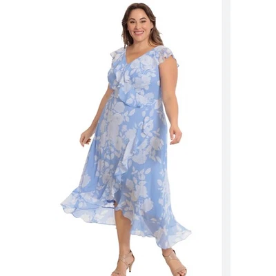 Vestido maxi London Times feminino chiffon envoltório falso babado azul branco floral 16 - Imagem 1 de 4