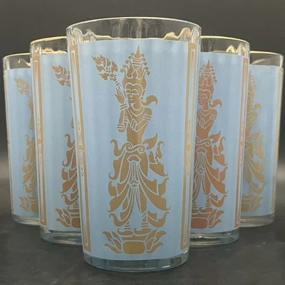 Vasos de beber Culver Blue Thai Lakhon diosa siamesa 6 piezas c1960 EE. UU. 5"t 10 oz Foto 1 de 4