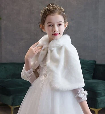 Flower Girls Kids White Wedding Dress Party Faux Fur Warm Shawl Wrap Scarf Stole - Image 1 of 4